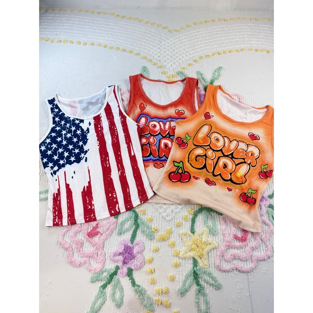 Shein American Flag & Love Girl Graphic‎ Tank Tops Set of 3 M